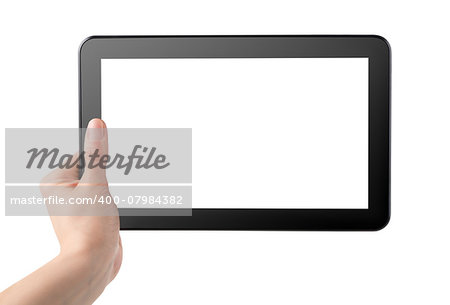 Tablet computer in hand isolated on white