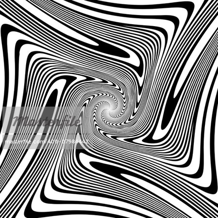 Design monochrome spiral movement illusion background. Abstract strip lines warped backdrop. Vector-art illustration