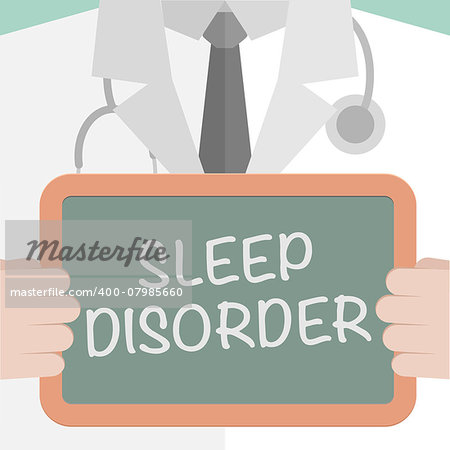 minimalistic illustration of a doctor holding a blackboard with Sleep Disorder text, eps10 vector