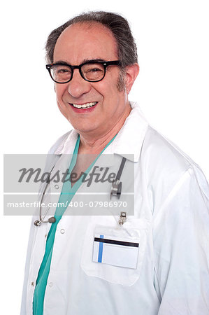 Matured male surgeon with stethoscope. Closeup smiling portrait