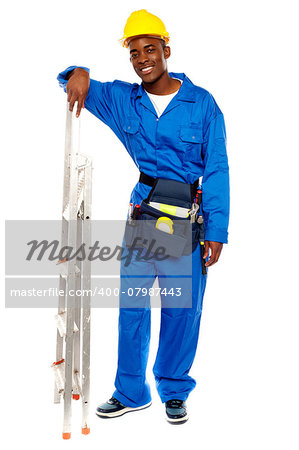 Full length portrait of smiling african worker resting hand on stepladder