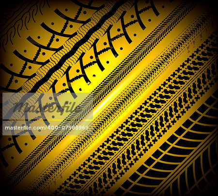 Tire tracks collection. Vector illustration on yellow background