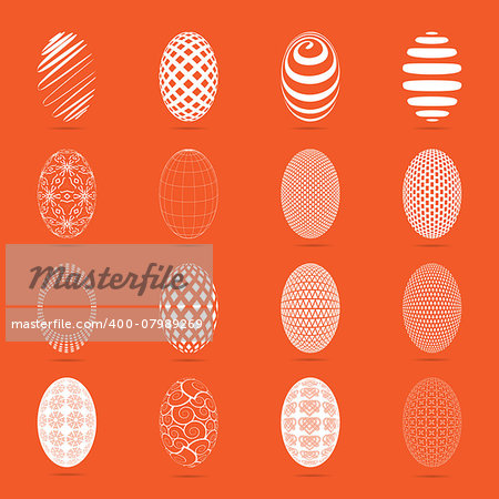 Illustration of sixteen easter eggs on a orange background