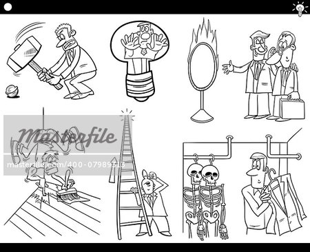 Black and White Illustration Set of Humorous Cartoon Concepts or Ideas and Metaphors with Funny Characters