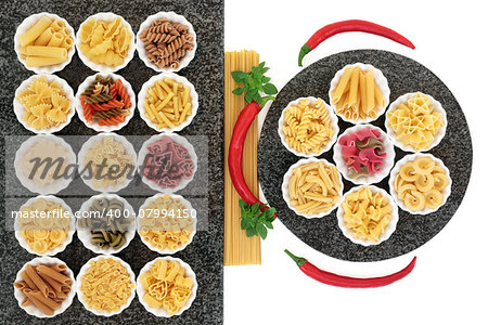 Italian pasta food selection with herb and spice food ingredients on marble over white background.