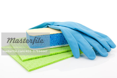 Cleaning equipment - gloves, sponge and rags in green and blue isolated on white background. Purity concept.