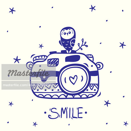 Stylish card with silhouettes sketch vintage retro photo camera with cute owl. Vector illustration