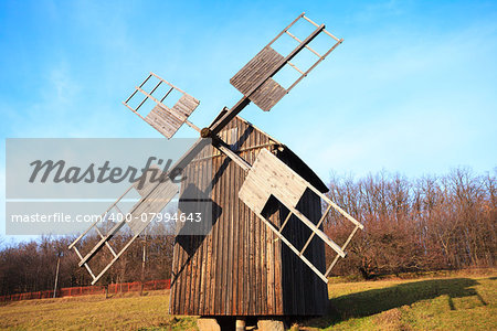 Old wooden windmill, wide view from bottom, Pirogovo Museum, Kiev, Ukraine