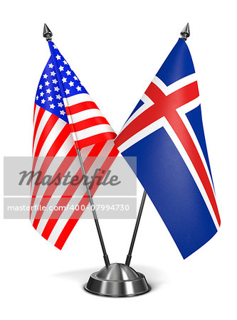 USA and Iceland - Miniature Flags Isolated on White Background.