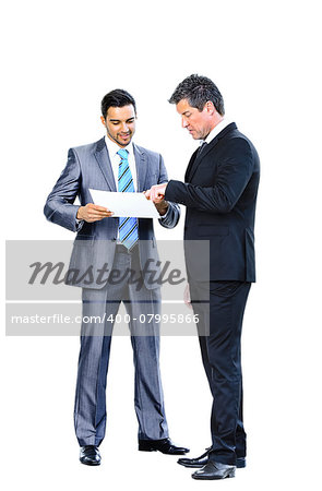 Business men discussing together isolated on white