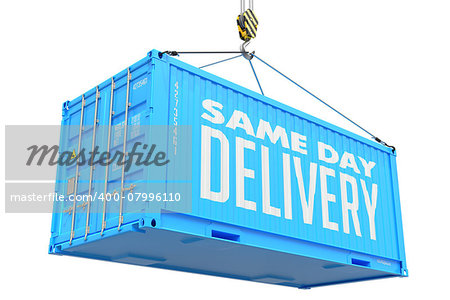 Same Day Delivery - Blue Cargo Container Hoisted by Hook, Isolated on White Background.