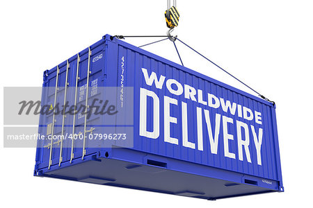 Worldwide Delivery - Blue Cargo Container Hoisted by Hook, Isolated on White Background.