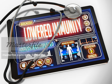Lowered Immunity - Diagnosis on the Display of Medical Tablet and a Black Stethoscope on White Background.