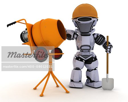 3D Render of a Robot builder with cement mixer