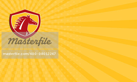 Business card showing illustration of a horse head angry looking to side set inside shield crest on isolated background done in retro style.