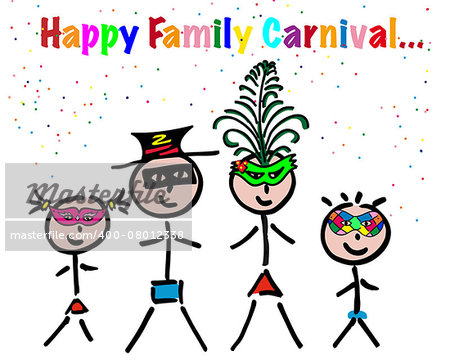 happy carnival, family with children, boy and girl, masks, streamers and confetti