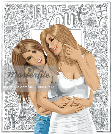 Love concept. Vector gay couple. Two European happy woman against love story elements background