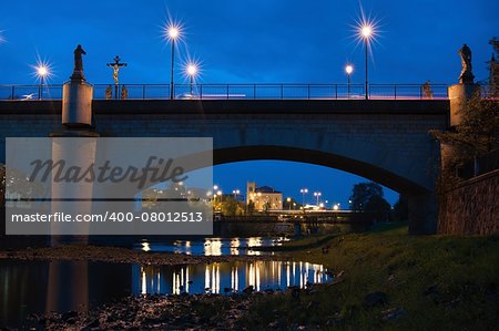 Evening river flowing under the bridge in the city