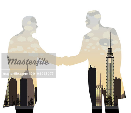 double exposure handshake businessman on city background Vector illustration