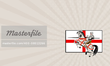 Business card showing illustration of an English knight in full armor riding a horse armed with lance and England flag in background done in retro style.
