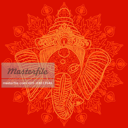 Indian god Ganesha on red background with pattern