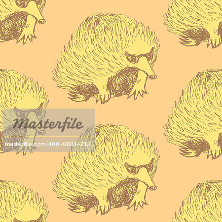 Sketch cute echidna in vintage style, vector seamless pattern