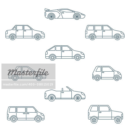 vector dark outline various body types of cars classification icons set sedan saloon hatchback station wagon coupe cabriolet microcar compact supercar sportcar off-road crossover minivan camper minibus
