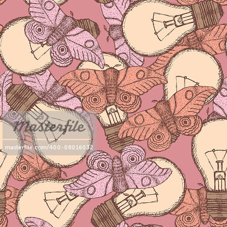 Sketch lamps and moths in vintage style, vector seamless pattern