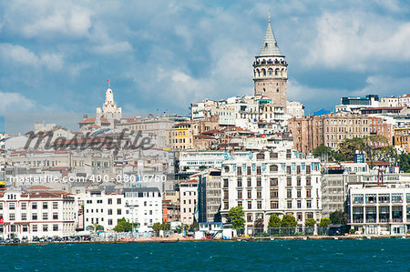 Galata Tower over the Golden Horn in Istanbul, Turkey seen from the ship