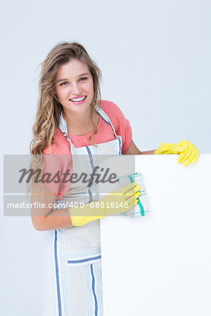 Hipster woman cleaning poster on white background