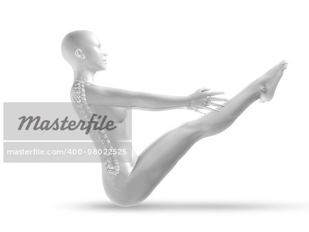 3D render of a female medical figure with skeleton in yoga pose
