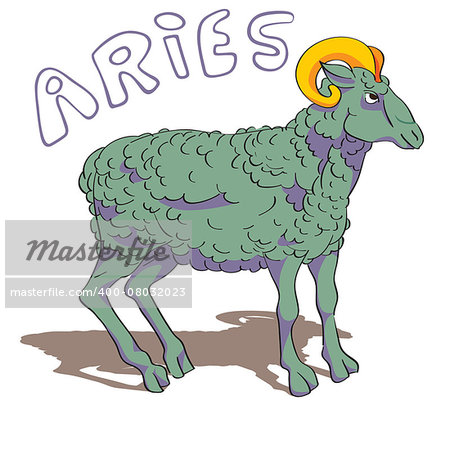 Aries drawing with doodle original text and shadow over white, hand drawn illustration of a colored ram