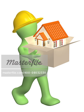 Builder bearing a box with house in hands. Isolated on white background