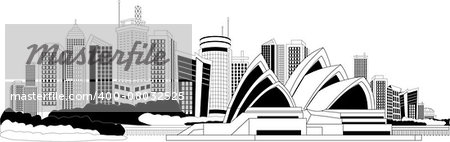 Black and white illustration of a cityscape