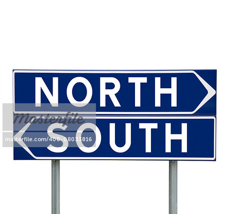 Blue Direction Signs with choice between North or South isolated on white background