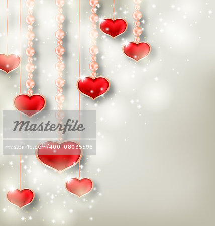 Illustration shimmering background with hanging hearts for Valentine Day - vector
