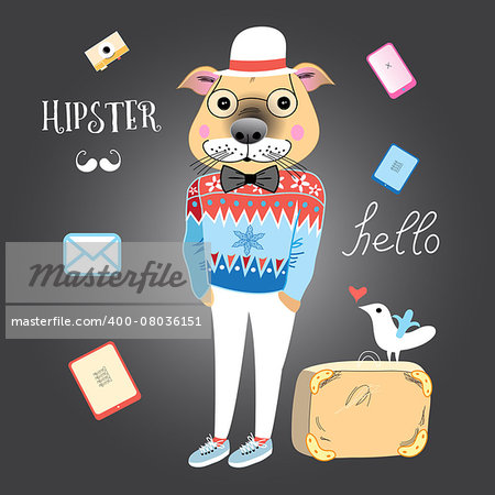 fashionable graphics dog hipster with a suitcase on a dark background