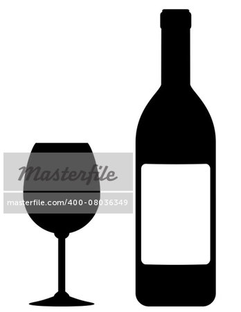 wine bottle with blank label and glass on white background
