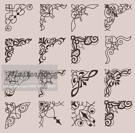 Set of ornamental corners in retro style. Vintage Design Elements. Vector illustration