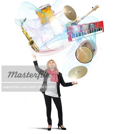 Woman plays with instruments like a juggler