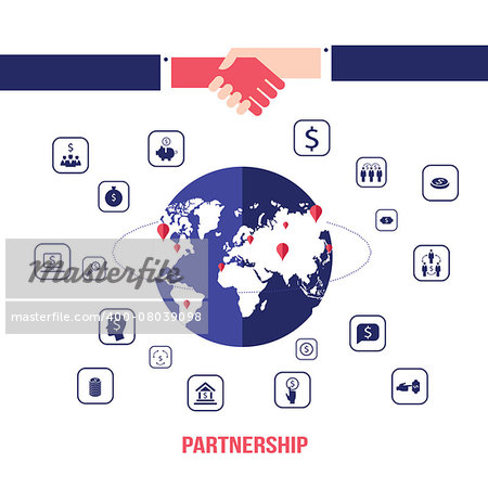 Handshake and icons for web on world map background Successful business concept Vector illustration