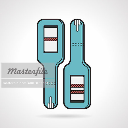 Flat vector icon for blue positive and negative pregnancy test stick with black contour on white background.