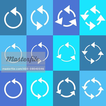 White rotating circle arrows collection in blue squares