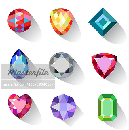 Flat style long shadow colored gems jewelry icons isolated on white background, vector illustration