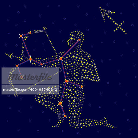 Zodiac sign Sagittarius on a background of the starry sky with the scheme of stars in the constellation, vector illustration