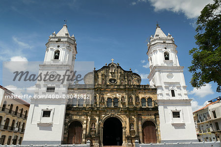 Panama City, Central America, View of Catholich Cathedral in Plaza Mayor, Casco Viejo