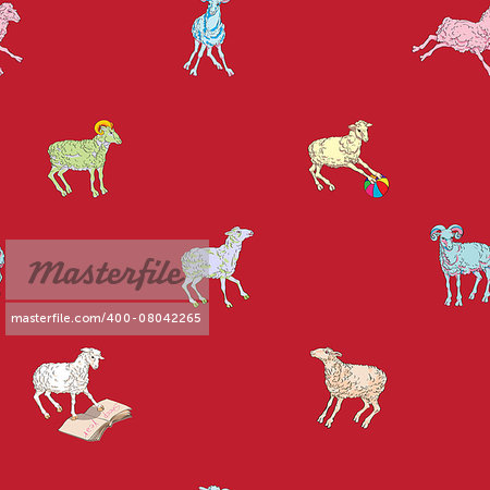Sparse seamless pattern with different sheeps, hand drawn cartoons on a red background