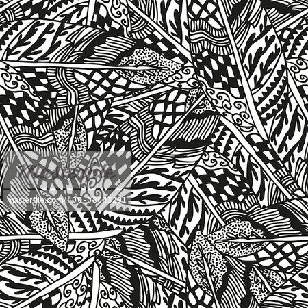Doodling hand drawn seamless background with feathers and patterns, vector illustration