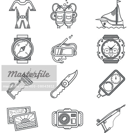 Set of flat black line vector icons for diving and snorkeling on white background.