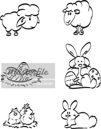 Easter bunny, chickens and of course lambs in a coloring page for little children.